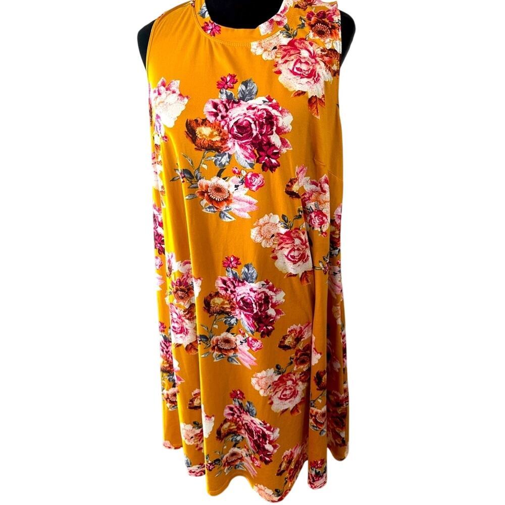 Fortune & Ivy Women’s Floral Mustard Color Plus Size Tank Dress, 1X